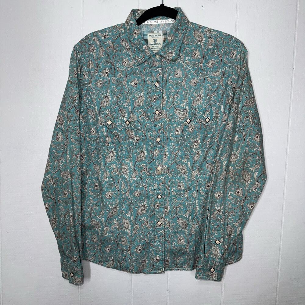Panhandle Rough Stock Women’s Paisley Teal Pearl Snap Shirt Western Rodeo Size M